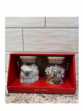 NEW Rae Dunn Happy Queen Bath Set Cotton Ball & Swabs Glass Lidded Jar Set